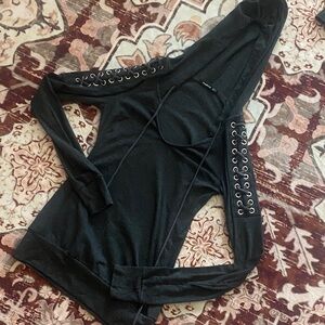 PattyBoutik Black Lace-Up Hoodie deep V athletic top